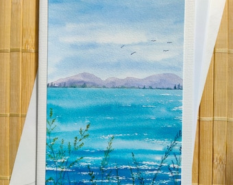 Aquarell-Faltkarte "Seeblick", Grußkarte, kleines Aquarell, maritime Karte, maritimes Aquarell, Meer, Insel, Reisen, Kunstdruck