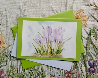 Aquarellkarte Krokusse, Grußkarte, kleines Aqarell, Blumenprint, Blumenaquarell, Frühling, Blumen, liebe Grüße, Kunstkarte, Geburtstagskarte