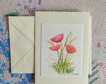 Handgemalte Grußkarte (Bütten-Faltkarte) Mohnblumen, Gräser, Original Aquarell (kein Druck!), kleines Blumenaquarell, Geschenk, Glückwunsch