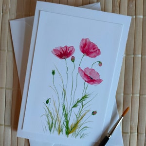 Aquarellkarte, Mohnblumen, Aquarellbild, handgemalte Grußkarte, botanischer Druck, Kunstkarte, Aquarell, Geburtstag, Faltkarte mit Umschlag