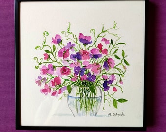 Original Aquarell Wicken/Vase, inklusive Bilderrahmen, Unikat, Blumengemälde, botanische Kunst, originales Blumenbild, gerahmt, Geschenk