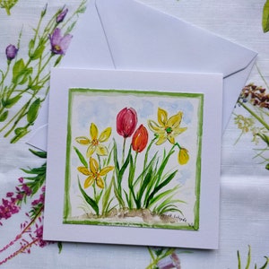 Handgemalte originale Gruß- und Glückwunschkarte mit Umschlag (kein Druck!), Tulpen und Narzissen, Original Aquarell, kleines Aquarellbild