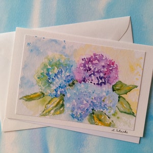 Kunstkarte Hortensien, Aquarell, Blumenprint, botanische Karte, gemalte Karte, florale Malerei, Blumen,Aquarellkarte