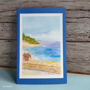 Aquarell Grußkarte "Südliche Landschaft", Mittelmeer, Kunstkarte, Geburtstag, mediterrane Landschaft, Aquarell-Karte, Glückwunsch