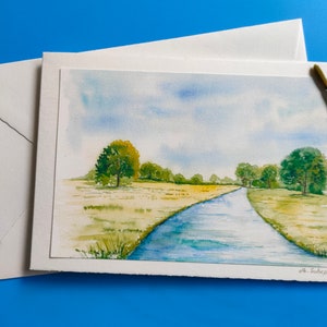 Kunstkarte mit Umschlag/Aquarell/Sommerlandschaft/See/Felder/handgemalt/Grußkarte/Geburtstag/Genesung/Kunstdruck/Geschenk/Natur
