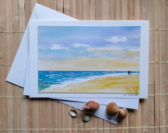 Carte aquarelle "Beach walk", carte de vœux peinte, ciel, mer, aquarelle, carte d'art, aquarelle maritime, carte de vœux. Anniversaire,