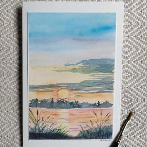 Aquarell Karte/ Grußkarte/ Kunstdruck/Faltkarte mit Umschlag/Sonnenuntergang/ See/ Meer/Landschaft