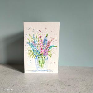 Handgemalte originale Karte/ Rittersporn/ Original Aquarell/ Aquarellkarte/Faltkarte mit Umschlag/ Geschenk/ Einzelstück
