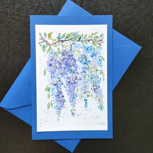 Blauregen/Wisteria, Kunstkarte, Aquarell,  Fine Art, handgemalte Karte, Blumendruck, Wildblumen, Blumenaquarell, botanisches Aquarell