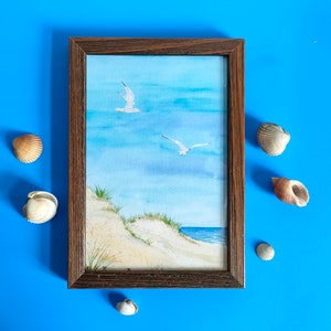 Gerahmtes kleines Meer-Aquarell, Kunstdruck in einem Holz-Bilderrahmen, Aquarelldruck, Geschenk, Geburtstag, maritimes Bild, See Bild 1