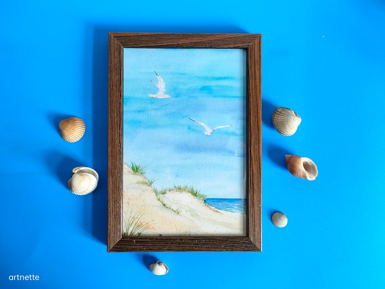Gerahmtes kleines Meer-Aquarell, Kunstdruck in einem Holz-Bilderrahmen, Aquarelldruck, Geschenk, Geburtstag, maritimes Bild, See Bild 1