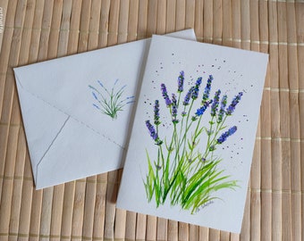 Handgemalte Kunstkarte, Lavendel, Original Aquarell, kleines Aquarell, Blumenaquarell, Geburtstagskarte, Unikat!