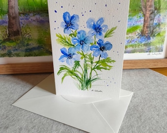 Hand-painted card/ blue anemones/ original watercolor/ watercolor card/ folded card with envelope/ gift/ unique item