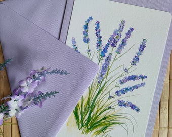 Watercolor card lavender, folding card with envelope, art print, flowers, floral, botanical, birthday, congratulations, thank you, greeting card