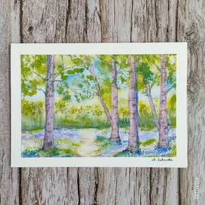 Aquarellkarte Sommerbäume, Wald, Glockenblumen, Kunstkarte, Landschaftsaquarell, Kunstdruck Natur, gemalte Karte, Grußkarte, Aquarell