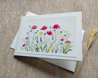 Kunstkarte Mohnblumen/Kornblumen/Wildblumen/Wiesenblumen/ Aquarellbild/ handgemalte Grußkarte/ botanischer Druck/Blumendruck/floral