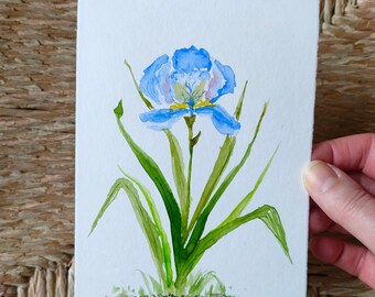 Handgemalte Grußkarte Iris/Schwertlilie, Faltkarte mit Umschlag, Original Aquarell (kein Druck), Einzelstück,Blumenaquarell, Frühling