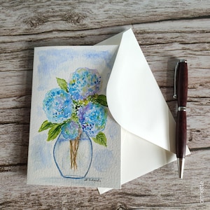 Handgemalte Karte/ Hortensien/Vase/ Original Aquarell/ Aquarellkarte/Faltkarte mit Umschlag/ Geschenk/ Einzelstück