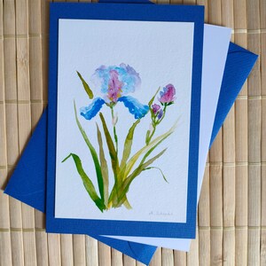 Aquarell-Grußkarte Iris/Schwertlilie, floral, Blumenaquarell, Kunstdruck Natur, Frühlingsblume, Glückwunschkarte, botanisches Aquarell