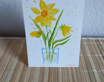 Handgemalte Grußkarte Narzisse/Vase, Faltkarte mit Umschlag, Original Aquarell, Einzelstück, kleines Aquarell, Blumenaquarell,Glückwünsche