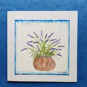 Handgemalte originale Gruß- und Glückwunschkarte mit Umschlag (kein Druck!), Lavendel im Blumentopf, Aquarellbild, Unikat,Geschenk