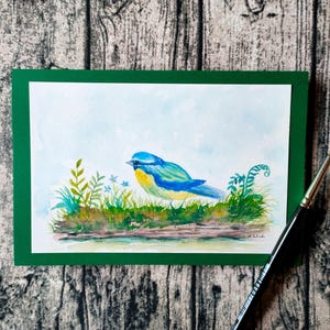 Faltkarte/Aquarellkarte/Blaumeise/handgemalte Karte/Vogelaquarell/Karte mit Umschlag B6/Natur/Kunst/Geschenk