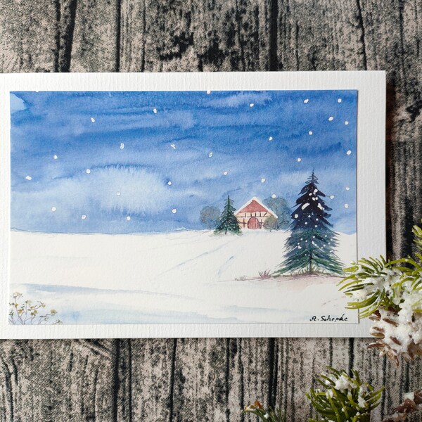 Kunstkarte (inklusive Briefumschlag)/Winterlandschaft/handgemachte Grußkarte/Winterkarte/Geschenk/handgemalt/Aquarellmalerei