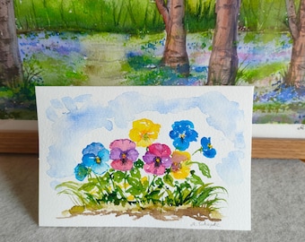 Hand-painted card, colorful pansies, original watercolor, folded card with envelope, unique, spring, Mother's Day