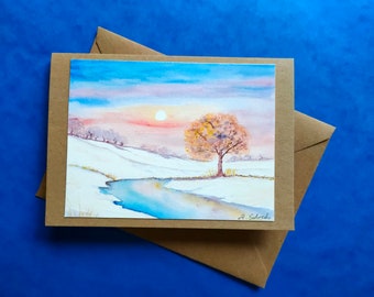 Watercolor, snow landscape, painted greeting card, winter card, gift, watercolor, New Year card, double card with envelope (kraft paper)
