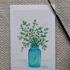 Eukalyptus in Vase/ Aquarellkarte/ handgemalte Grußkarte/ botanischer Druck/ Blumendruck/Geburtstagskarte/ Faltkarte (B6) mit Umschlag