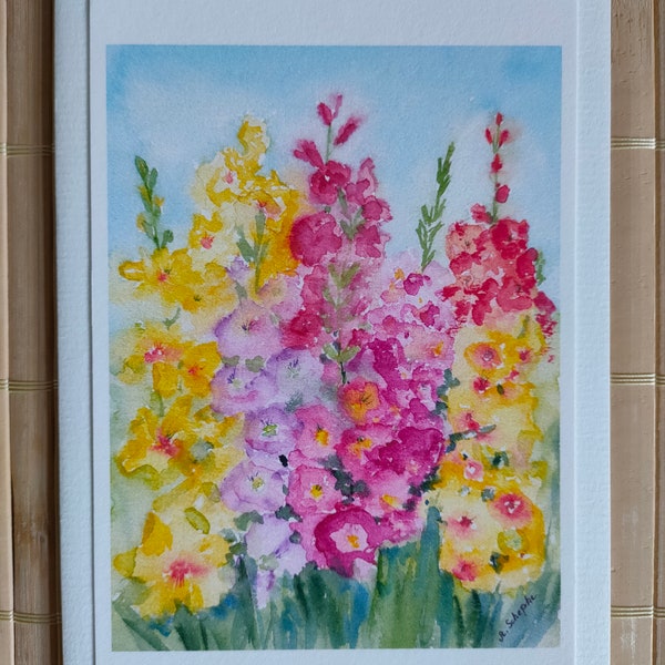 Aquarellkarte "Löwenmäulchen", handgemalte Grußkarte, botanischer Druck, Faltkarte mit Umschlag, Kunstkarte, Aquarell, Blumen