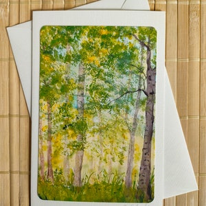 Aquarellkarte Sommerbäume, Wald, Aquarelldruck, Kunstkarte, Landschaftsaquarell, Kunstdruck Natur, gemalte Karte, Grußkarte, Aquarell