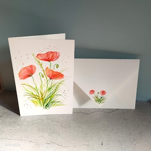 Handgemalte originale Kunstkarte (kein Druck!) mit Briefumschlag, Mohnblumen,Aquarellkarte, Unikat, Wiesenblumen, Geburtstagskarte,Grußkarte