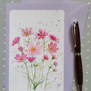 Kosmeen, Cosmea, Kunstkarte, Blumenkarte, Faltkarte, gemalte Aquarellkarte, Kunstdruck, floral, Print, botanisch, kleines Aquarell