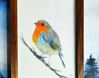 Gerahmtes kleines Rotkehlchen Aquarell, Aquarelldruck, Vogelbild, Aquarellbild, Geschenk, Bilderrahmen aus Holz, Geburtstag, Wanddeko