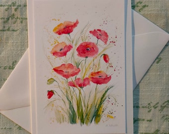 Aquarellkarte Mohnblumen, gemalt, Grußkarte, botanischer Druck, Blumendruck, Geburtstag, Danke, floral, Glückwünsche
