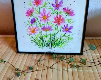 Gerahmtes Blumenbild, Kosmeen/Cosmea, originales Aquarellbild, handgemalt, modernes Blumengemälde, Blumen, Geschenk für Sie