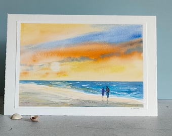 Watercolor card "Beach Walk", painted greeting card, sky, sea, watercolor painting, art card, maritime watercolor, birthday, anniversary