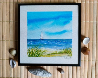 Gerahmtes, maritimes Meerbild, Segelboot, Meer, originales Aquarell (kein Druck), maritime Deko, handgemaltes Aquarellbild mit Bilderrahmen