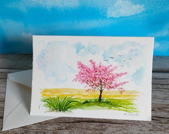 Hand-painted watercolor card (folding card), with envelope, spring, fruit tree, cherry blossoms, small original watercolor, unique piece!