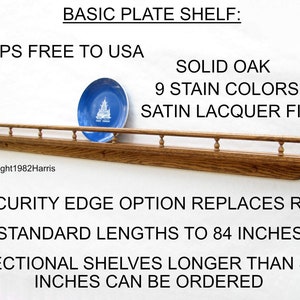 Plate Shelf, Plate Rail, Ledge Shelf, Floating Shelf, Plate Hanger, Plate Frames, 12 to 84 Inches, Custom Sizes, Lacquer Finish, Ships Free