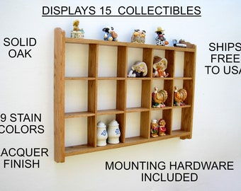 Wall Display, Wall Curio Cabinet, Shadow Box, Cubby Display, Solid Oak, 9 Colors, Ships Free to USA, 7 Sister Designs with 15 to 63 Cubicles