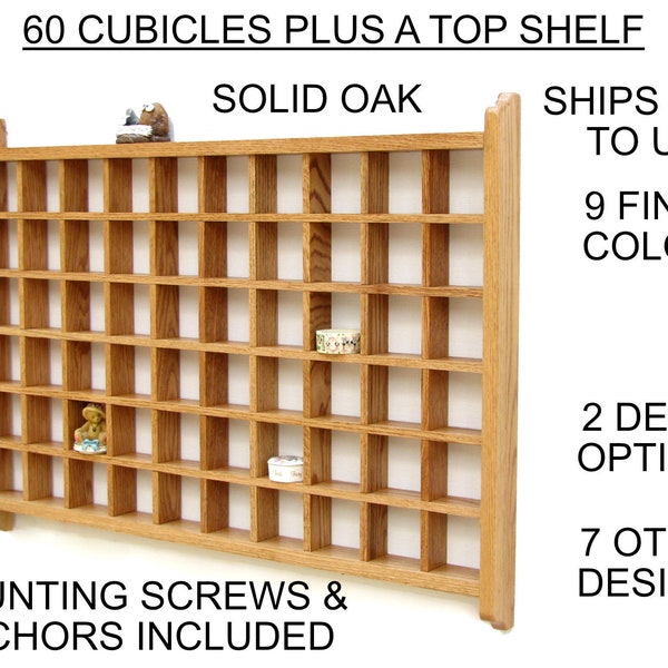 Wall Display, Wall Curio Cabinet, Shadow Box, Cubby Display, Solid Oak, 9 Colors, Ships Free to USA, 8 Sister Designs with 15 to 63 Cubicles