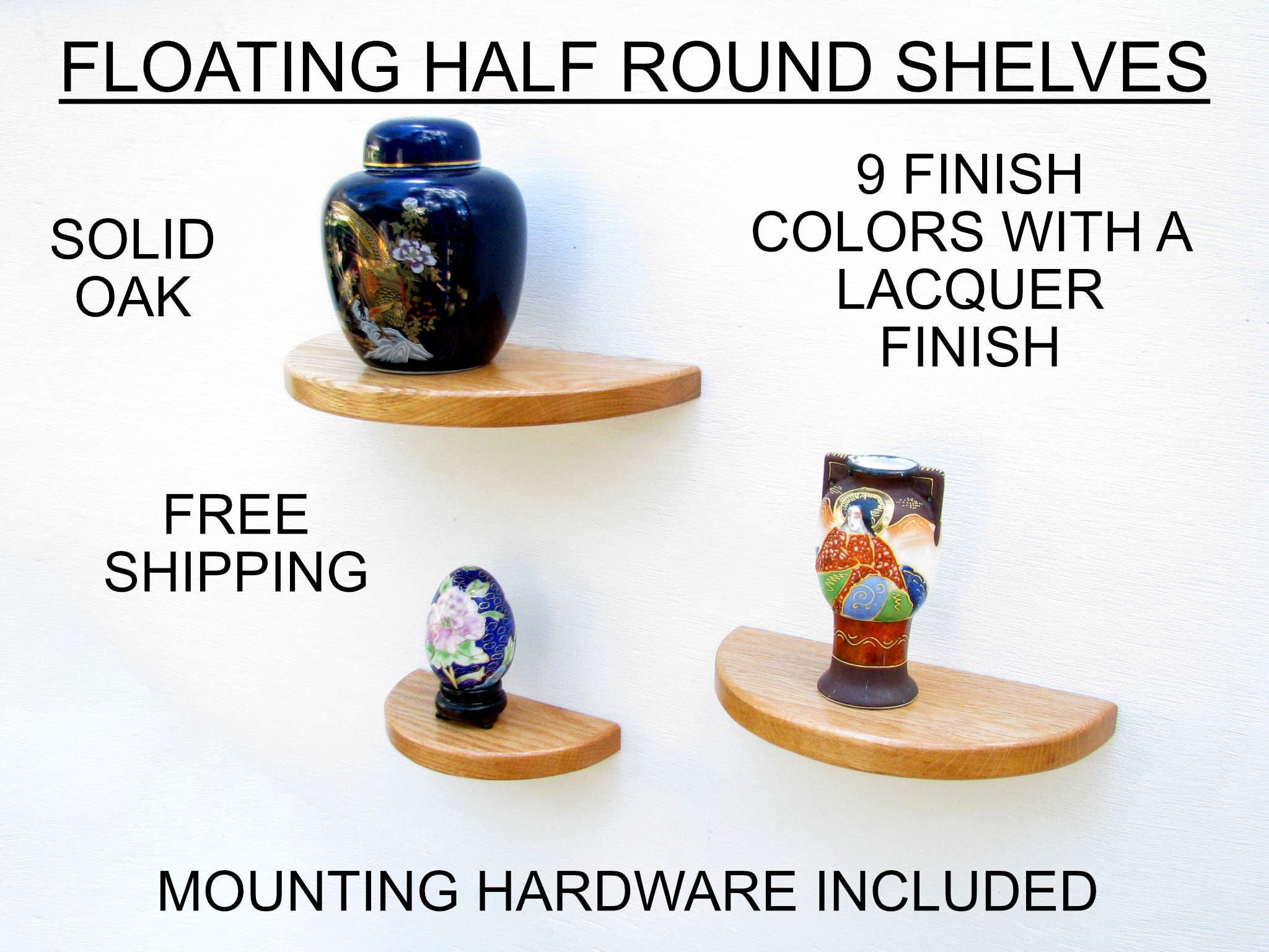 Half Round Shelf, Small Floating Shelf, Plant Shelf, Clock Shelf, Red Oak, Free Shipping, 9 Colors, Lacquer Finish, Unfinished