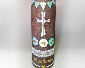 large Rustic baptismcandle 30 x 10 cm with Christian symbols