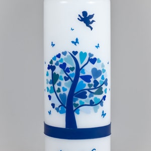 Taufkerze Herzbaum mit Engel und Schmetterlingen blau