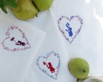 3 embroidered tea towels organic cotton set flower children heart-shaped flower frame