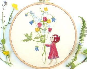 Embroidery framed mural embroidered decoration children's room gift birthday flower child bouquet gnome girl elf dwarf meadow grass