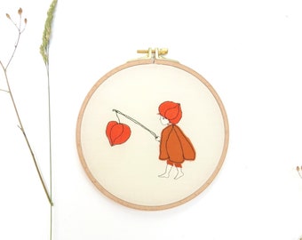 Embroidery framed mural embroidered deco autumn boy with lantern lantern flower child