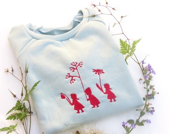 bestickter Sweater Kinderpullover GOTS Biobaumwolle Scherenschnitt Blumenkinder Wurzelkinder Zwerg Elfe Garten